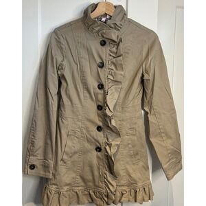 Stella Star Tan Ruffle Button Front Jacket Floral Lined Funnel Neck Tan Medium